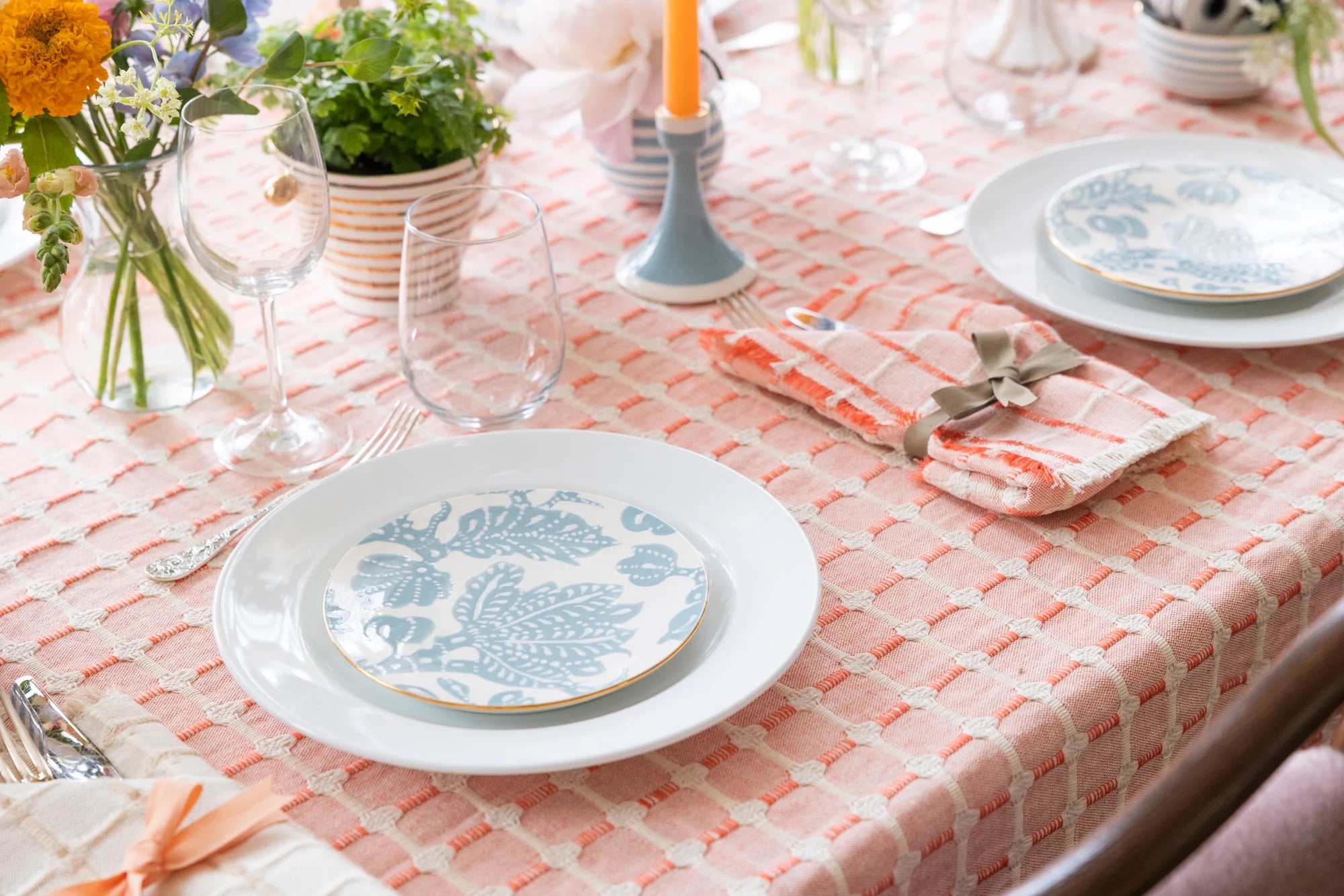 Hopsack Hand Finished Tablecloth- Coral