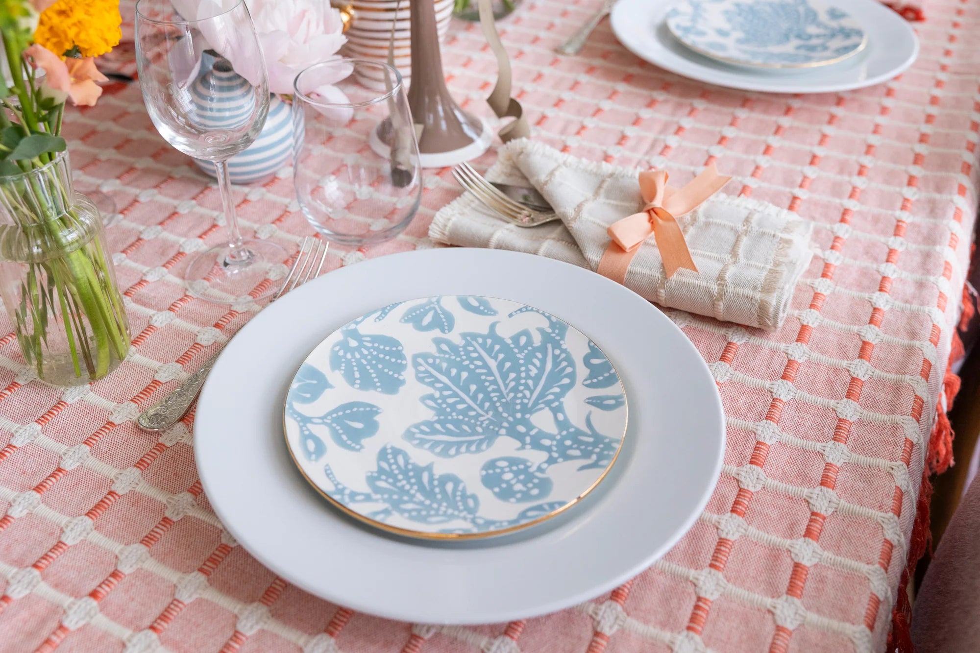 Hopsack Hand Finished Tablecloth- Coral