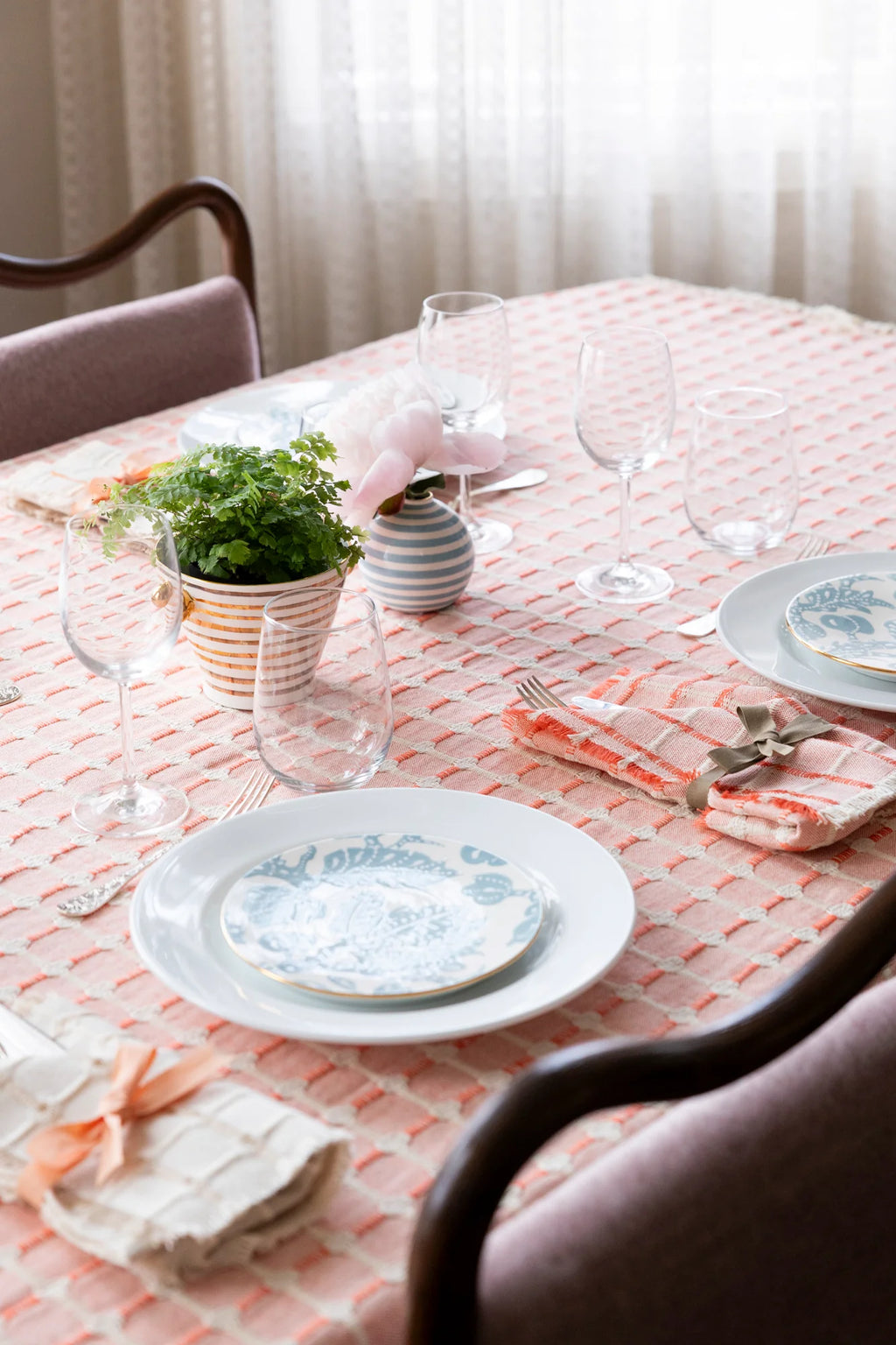 Hopsack Hand Finished Tablecloth- Coral